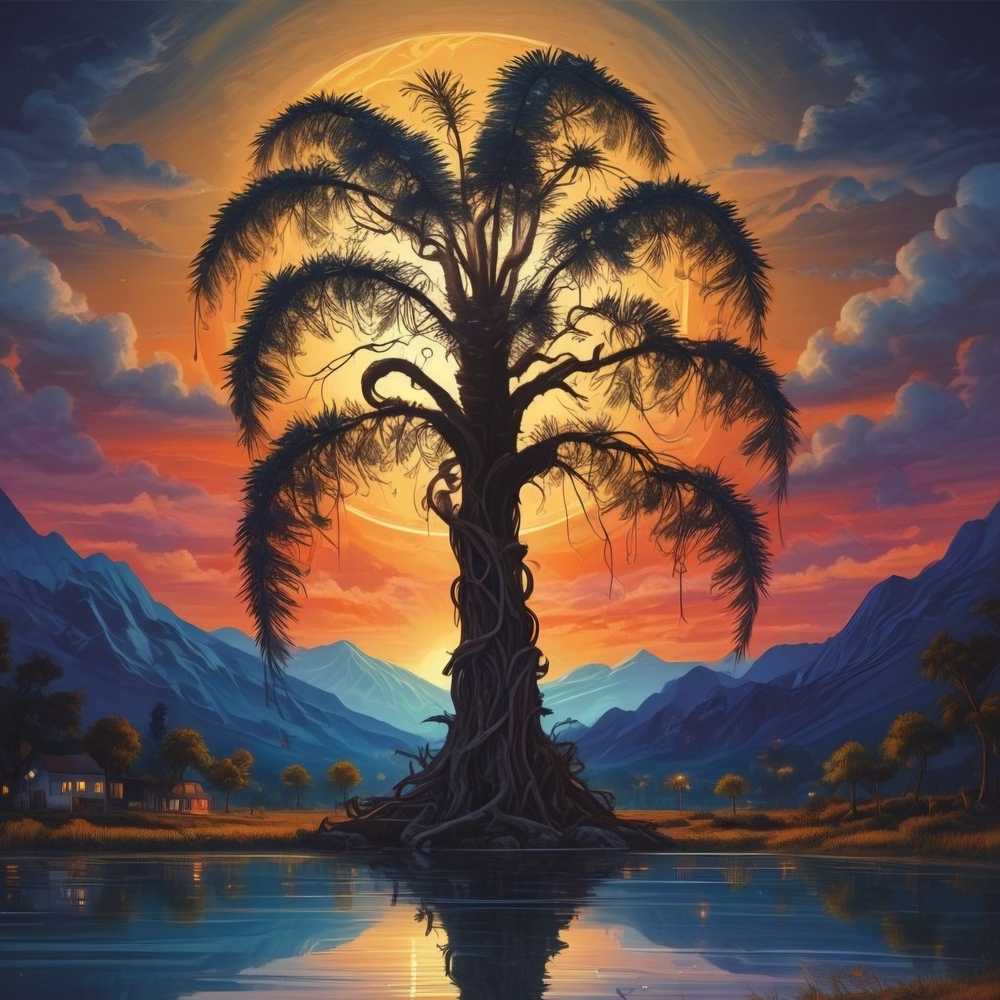 Majestic Palm Tree Art Print with Vibrant Sunset